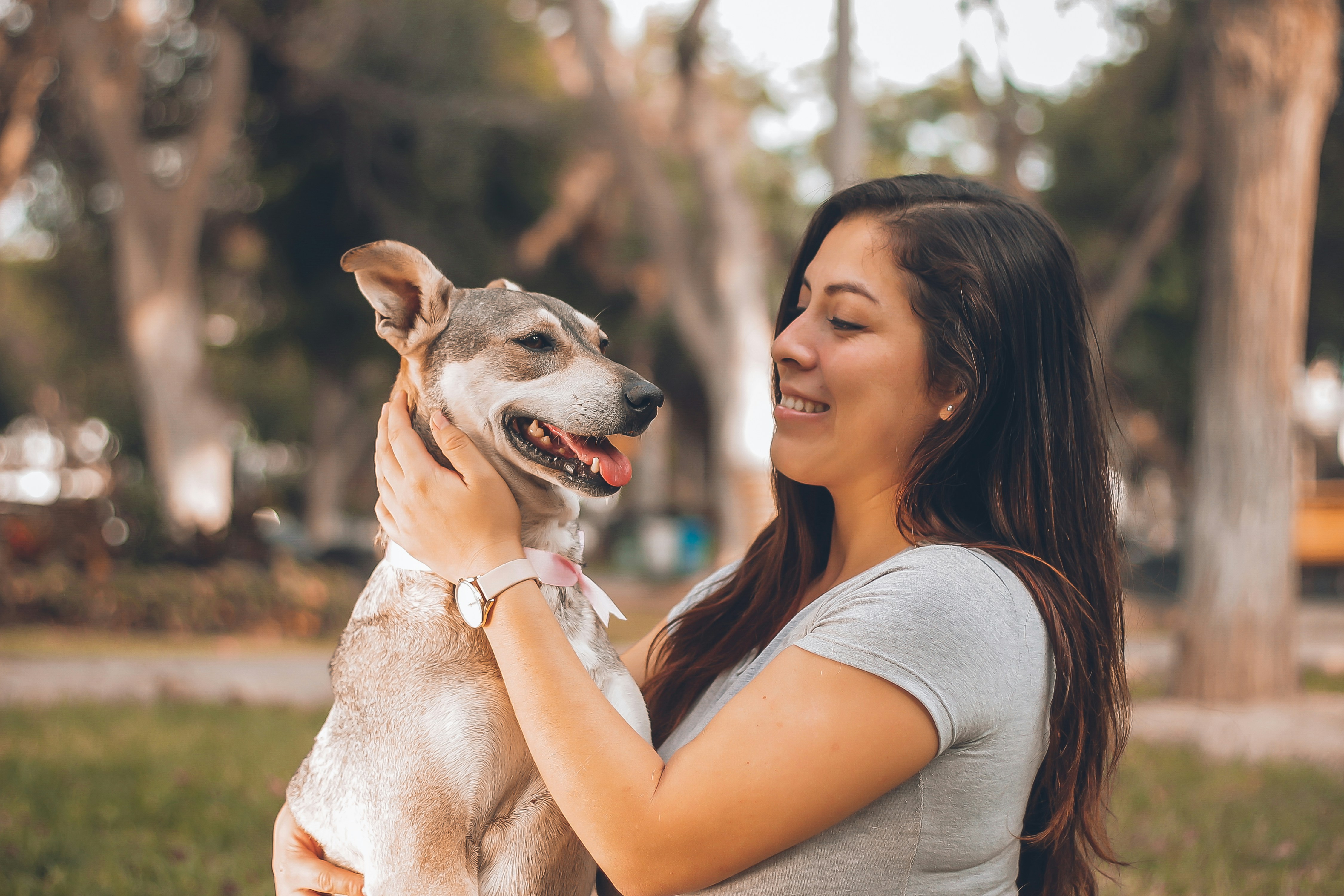 Happy woman holding her dog in a park